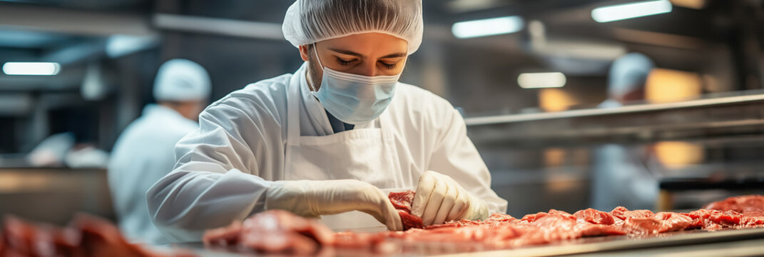 Meat processing scene with caucasian man in food safety attire at a production facility - Powered by Adobe