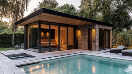 Fototapeta premium Modern outdoor sauna with a swimming pool