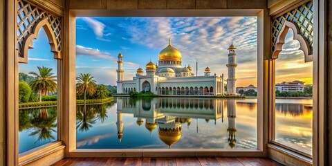 Obraz premium Brunei Mosque Framed View: Majestic Sultan Omar Ali Saifuddin Mosque in Bandar Seri Begawan, Southeast Asia