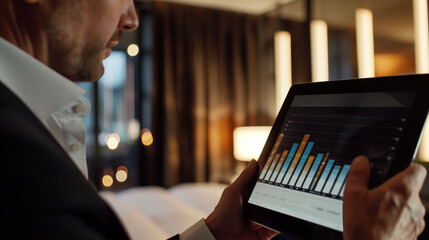A financial planner analyzing bar charts and graphs on a digital tablet, showcasing data-driven financial planning for tax preparation and investment advice.