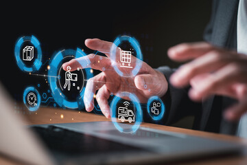Business person point and manage online e-commerce business automation logistic supply chain in online dashboard. Global worldwide logistic management for online shopping with warehouse inventory.