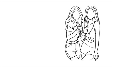 Two party girls continuous line art drawing isolated on white background. Hands toasting with wine glasses with drinks. Cheers toast festive decoration for holidays. Vector illustration