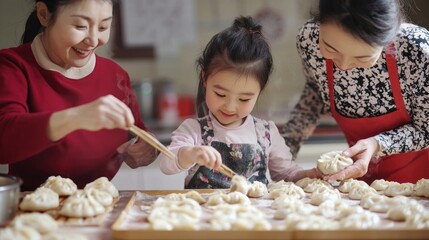 A family baking together in the kitchen, making dumplings and treats for Chinese New Year