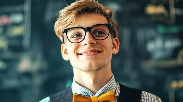 Confident and smiling nerd with bow inside classroom