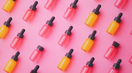 Obraz premium Top view of vibrant dropper bottles on pastel pink, forming a visually pleasing beauty essentials pattern. 
