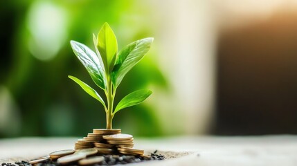 Young plant growing from stacked coins.