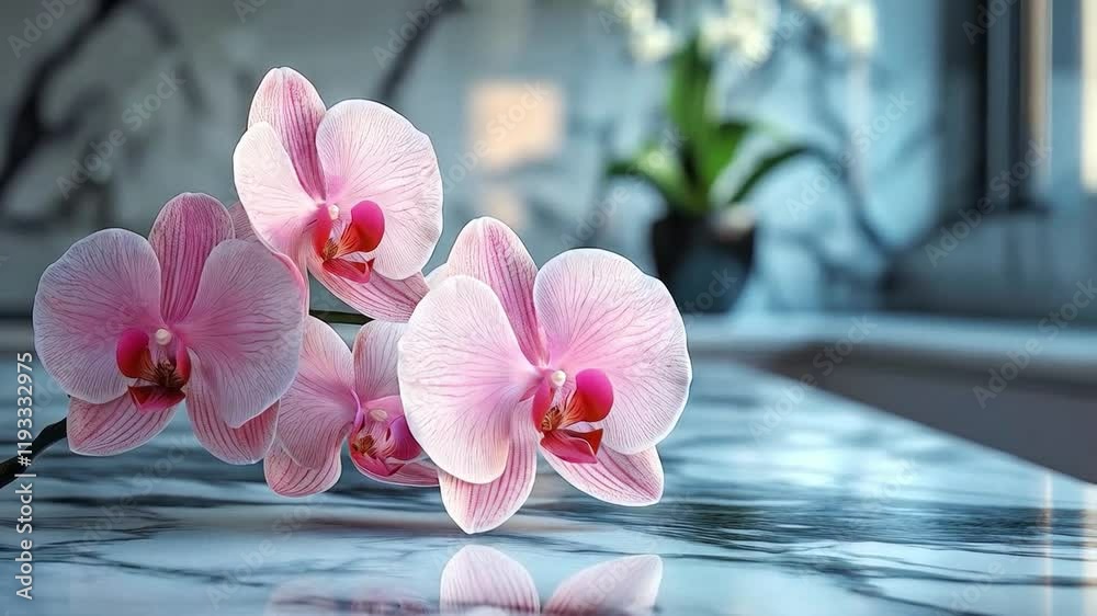 Aufkleber a delicate pink orchid rests gracefully on a smooth marble kitchen countertop. sunlight filters thro