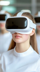 Young woman experiencing virtual reality with advanced headset in modern setting.