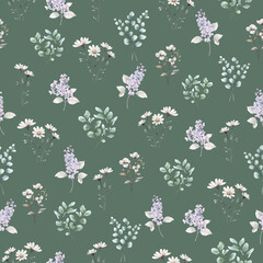 Floral pattern with lavender, daisies, and green foliage displayed on a dark background