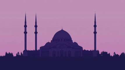Fototapeta premium Flat Vector Silhouette of Mosque with Large Dome and Minarets