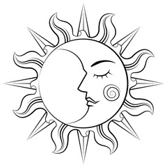Coloring page. Black line. Magical celestial design template for astrology, fortune telling. Sun face, crescent moon in retro esoteric style. Vector illustration.