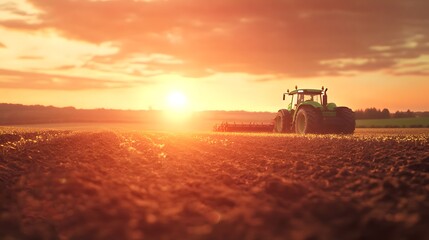 Fototapeta premium Beautiful Sunset Over Agricultural Field with Tractor Plowing Soil and Warm Orange Sky, Capturing the Essence of Rural Life and Farming Activities in the Countryside