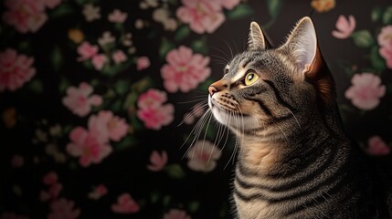 Tabby cat portrait with floral background, tabby cat portrait looking sideways, tabby cat portrait for elegant pet photography