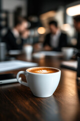 close up of coffee cup on wooden table, with blurred business people in meeting in background. warm latte art adds cozy touch to professional setting