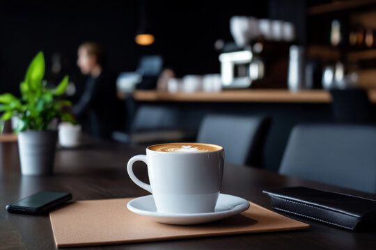 beautifully crafted coffee cup sits on table in modern cafe, surrounded by plant and smartphone, creating cozy atmosphere for relaxation or work
