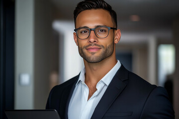 Obraz premium Professional man in suit holding tablet, exuding confidence and style. modern office background enhances business atmosphere