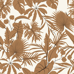 Exotic leaves and palm leaves illustration. Vintage brown seamless pattern.