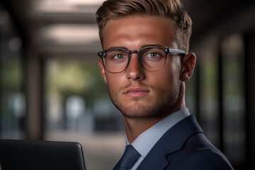Fototapeta premium Professional young man in suit with glasses, holding laptop, exuding confidence and focus in modern office environment