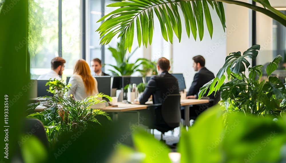 Poster modern office space with green plants and collaborating professionals in bright, open workspace sett