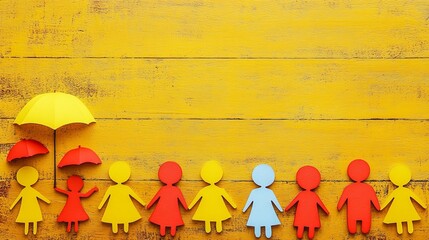 Paper Chain Of People Under Umbrella, Insurance, Social Care Concept On Yellow Wood Background