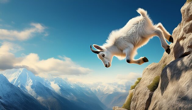 Generated image Dynamic scene of baby mountain goat jumping steep alpine cliff background. Brave wildlife