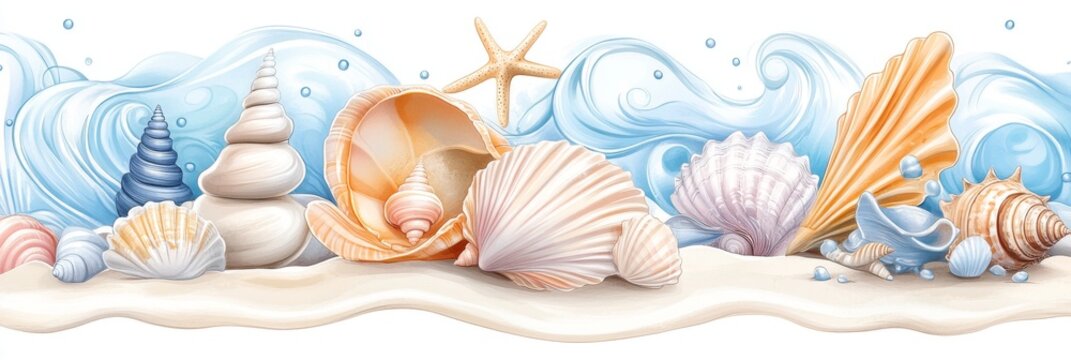 Seashell banner featuring a variety of colorful shells against a wave backdrop with soft pastel tones and a starfish enhancing the coastal aesthetic