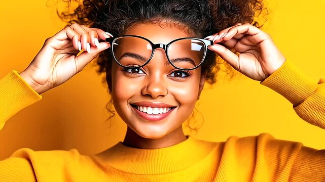 Bashful Girl Smiling with Glasses in Hands