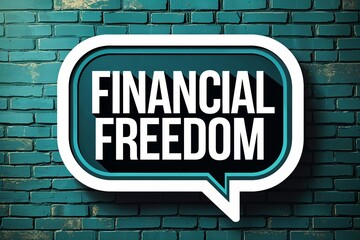 Speech bubble design with "Financial Freedom" text on a teal brick wall background, symbolizing financial independence and bold messaging in a contemporary style