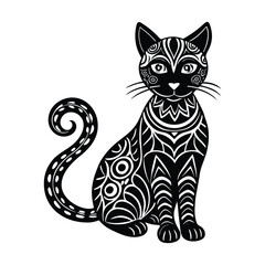 A cat in zentangle style features intricate patterns and swirls, blending organic shapes with abstract designs, creating a harmonious, meditative, and artistic depiction.