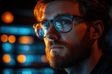Focused young man studies data while illuminated by colorful lights in a modern workspace at night