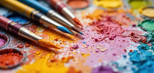 Obraz premium Image of a painting brush and contrasting colorful paint spills