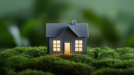 Paper House on Bed of Moss with Soft Warm Glow at Night, Paper eco friendly house concept.