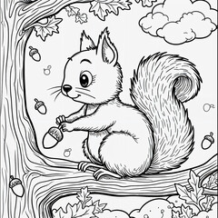 Obraz premium Cute Squirrel on a Tree Branch Coloring Page