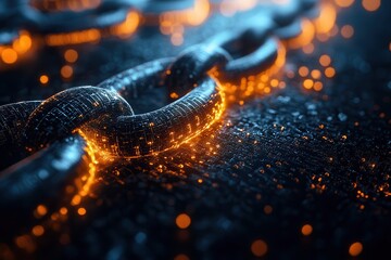 Glowing metal chain links illuminated by sparks on a dark surface creating a powerful visual contrast