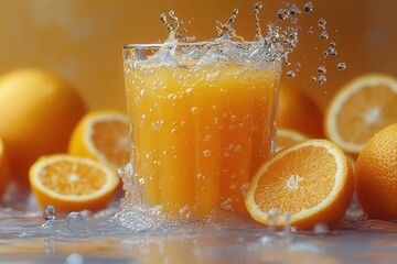 dynamic orange juice splash frozen in time, showcasing vibrant colors and fluid motion. the background is bright and cheerful, evoking feelings of freshness and vitality