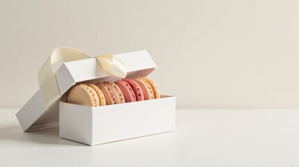 Delightful assortment of delicate almond meringue cookies nestled in an elegant white gift box, adorned with a subtle satin ribbon