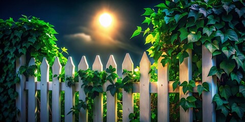 Charming White Garden Fence with Lush Green Ivy - Night Photography Stock Photo