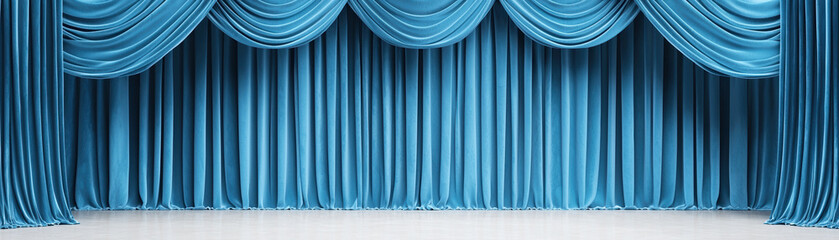 Luxurious deep royal blue velvet curtain backdrop with elegant draping, perfect for theatrical performances or photography settings. rich texture adds touch of sophistication