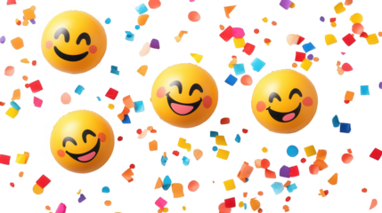 World Happiness Day-themed vector design of colorful smiling emojis with confetti on a white background, isolated on white, PNG file