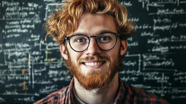 Smiling nerdy man with red hair, beard and glasses on a chalkboard background 