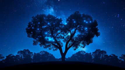 Romantic glowing heart in the night sky over a serene forest , symbolizing love and Valentine&rsquo;s Day. Perfect for love confession, Valentine&rsquo;s Day greeting, or emotional artwork.