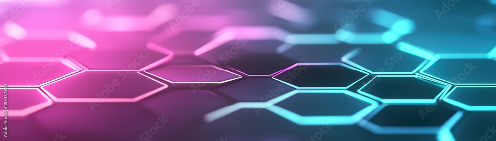 Poster futuristic abstract background featuring glowing hexagonal patterns in vibrant pink and blue hues, c