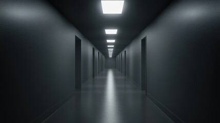 Obraz premium A professional office corridor with sleek flooring, soft lighting, and a blank light wall ready for posters or branding.