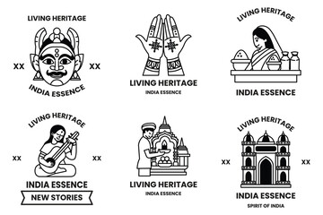Fototapeta premium Set of illustrations in the concept of Indian culture and Indian tourism in line drawing style