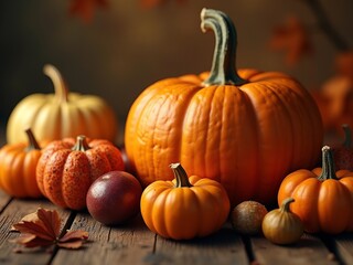 A vibrant display of various pumpkins and gourds showcases rich autumn hues on a weathered wooden table. The warm lighting and falling leaves enhance the seasonal feel