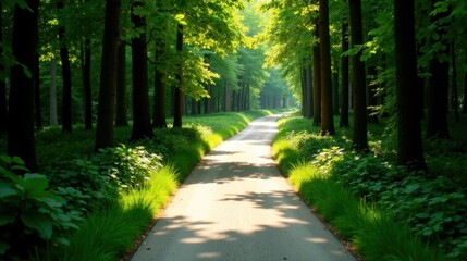 Obraz premium Sunlit Path Through a Verdant Canopy of Trees A Serene Landscape of Nature's Beauty