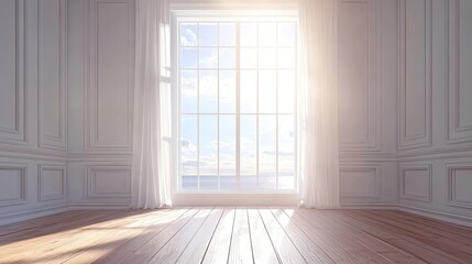 A spacious, white Scandinavian interior with warm wooden flooring and a window framing a tranquil summer landscape.