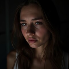 Fototapeta premium A young woman gazes intensely into the distance, her features illuminated by gentle light in a dimly lit room. The atmosphere evokes a sense of mystery and depth
