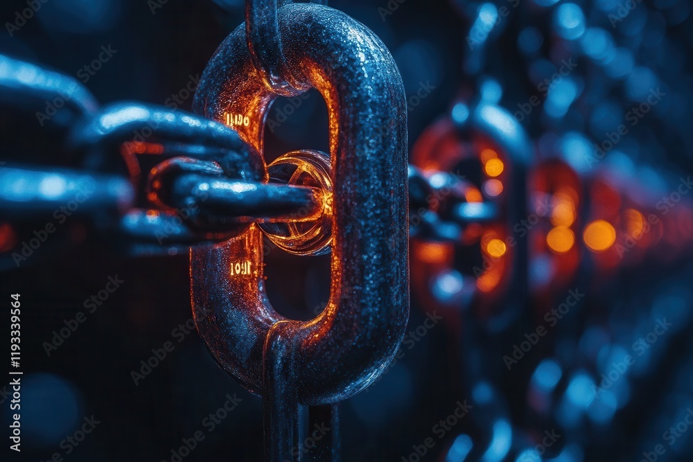 Wall mural intricate chain links illuminated with orange light in a dark setting showcasing industrial strength