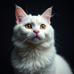 A beautiful white cat sits poised with an elegant posture, its stunning yellow eyes glowing in the dim light, capturing an aura of mystery and grace